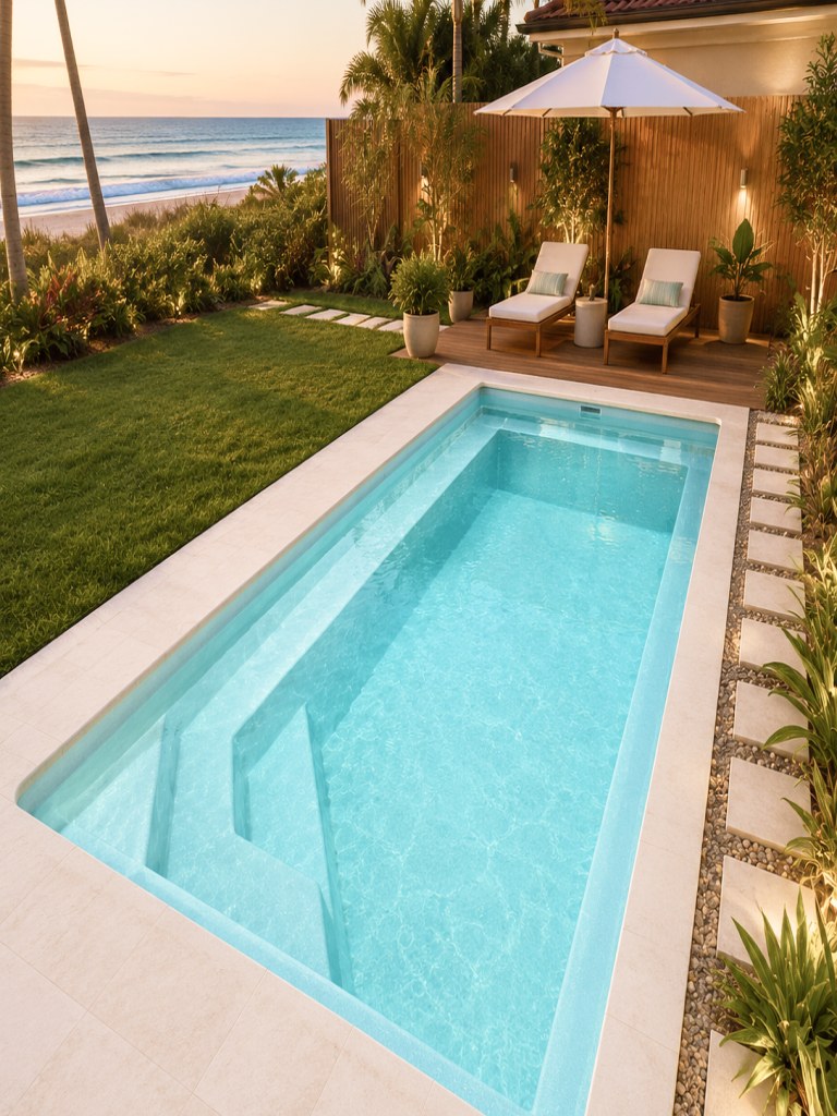 Fibreglass pool in a beachside backyard with sun loungers